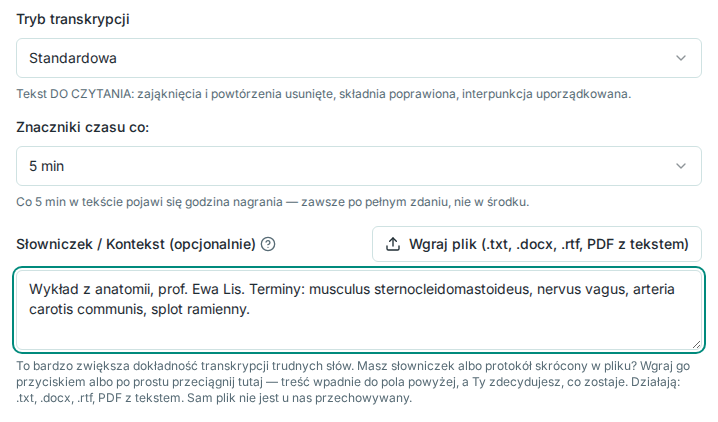Formularz wgrywania nagrania: tryb Standardowa i pole Słowniczek / Kontekst z nazwiskiem prowadzącej i łacińskimi terminami z anatomii
