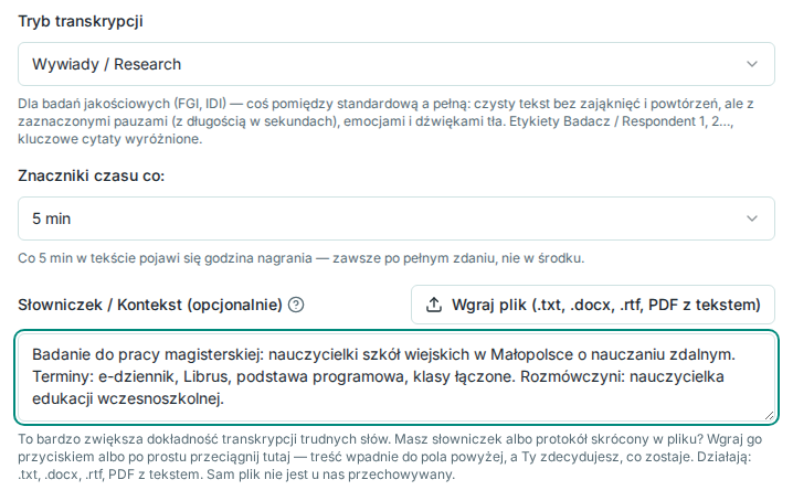 Formularz wgrywania nagrania: tryb Wywiady / Research z opisem i pole Słowniczek / Kontekst z opisem badania do pracy magisterskiej